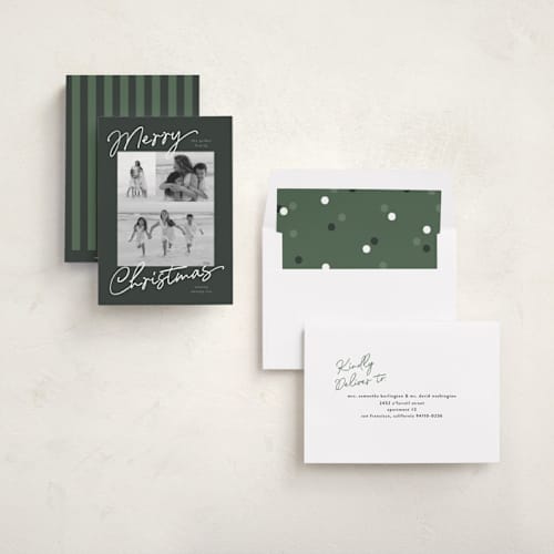 This is a evergreen holiday photo cards with standard by Pixel and Hank called scripted trio printing on recycled smooth signature in standard