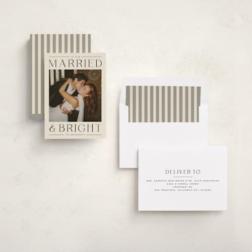 This is a licorice holiday photo cards with standard by Ekko Studio called happy headlines printing on recycled smooth signature in standard