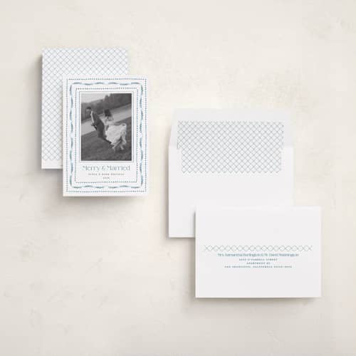 This is a celestial holiday photo cards with standard by Erika Firm called nostalgic ribbon border printing on recycled smooth signature in standard