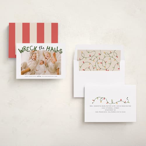 This is a tree farm holiday photo cards with standard by Kamala Nahas called wreck the halls with boughs of jolly printing on recycled smooth signature in standard