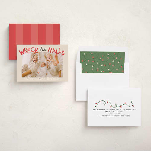 This is a holly holiday photo cards with standard by Kamala Nahas called wreck the halls with boughs of jolly printing on recycled smooth signature in standard