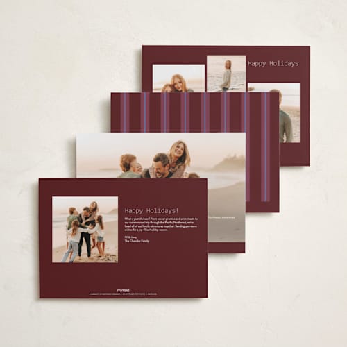 This is a burgundy holiday photo cards with standard by Inkblot Design called cozy checkers printing on recycled smooth signature in standard