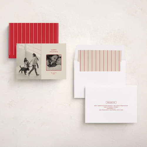 This is a cranberry holiday photo cards with standard by Ellen Schlegelmilch called holiday duo printing on recycled smooth signature in standard