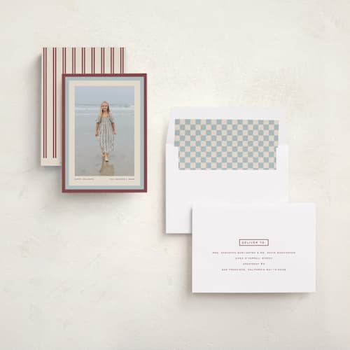 This is a cranberry holiday photo cards with standard by Snow and Ivy called stripe duet printing on signature in standard