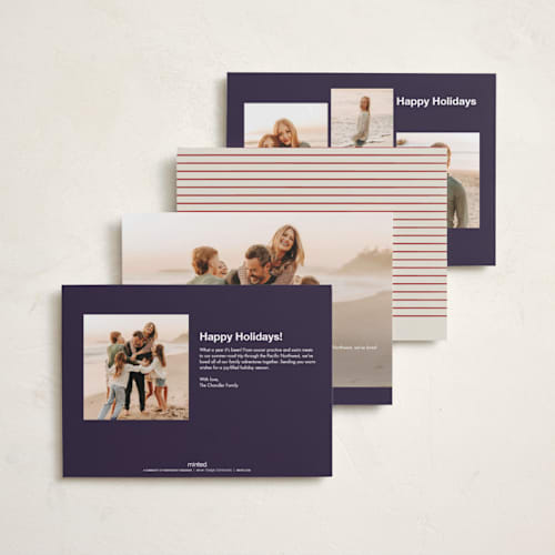 This is a navy holiday photo cards with standard by Ani Somi called masthead printing on recycled smooth signature in standard