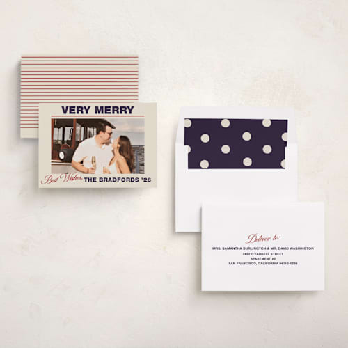 This is a navy holiday photo cards with standard by Ani Somi called masthead printing on recycled smooth signature in standard