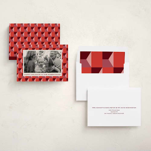 This is a cranberry holiday photo cards with standard by Lindsay Stetson Thompson called colorblock geo printing on recycled smooth signature in standard