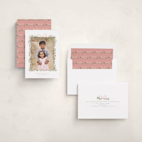 This is a blush holiday photo cards with standard by Itsy Belle Studio called ribbonly frame printing on recycled smooth signature in standard