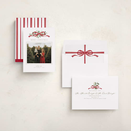This is a santa holiday photo cards with standard by Everett Paper Goods called greenery swag printing on recycled smooth signature in standard