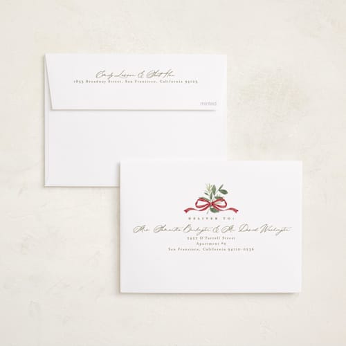 This is a santa holiday photo cards with standard by Everett Paper Goods called greenery swag printing on recycled smooth signature in standard
