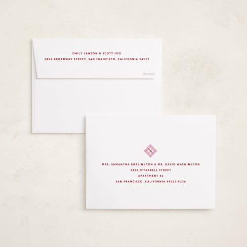 This is a strawberry holiday photo cards with standard by Inkblot Design called plaid squared printing on recycled smooth signature in standard