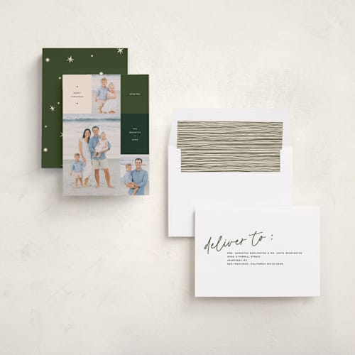 This is a pine holiday photo cards with standard by Annie Clark called off the grid printing on recycled smooth signature in standard