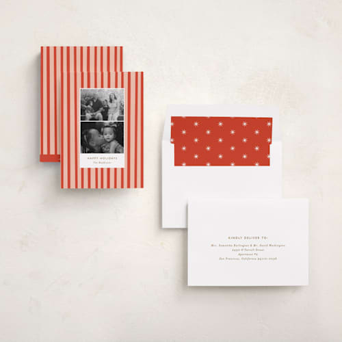 This is a candy cane holiday photo cards with standard by Bethan called striped snaps printing on recycled smooth signature in standard
