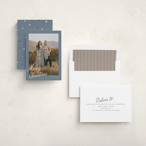 This is a sunlit holiday photo cards with standard by Pixel and Hank called palette printing on recycled smooth signature in standard