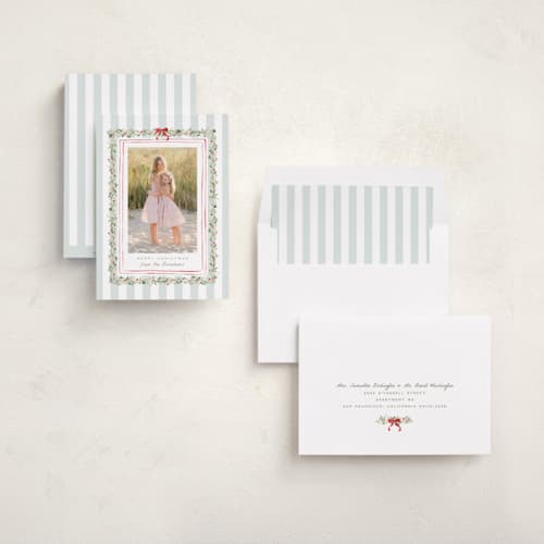 This is a winter mint holiday photo cards with standard by Everett Paper Goods called coastal garland printing on recycled smooth signature in standard
