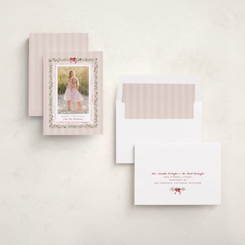 This is a beach rose holiday photo cards with standard by Everett Paper Goods called coastal garland printing on recycled smooth signature in standard