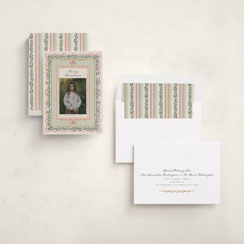 This is a eucalyptus holiday photo cards with standard by Leia Matt called rustic romance printing on recycled smooth signature in standard