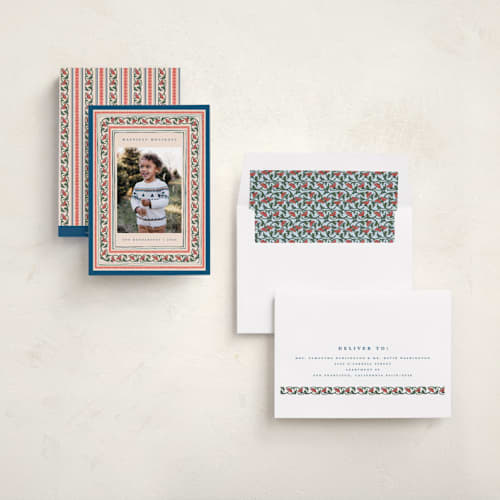 This is a blue jay holiday photo cards with standard by Teju Reval called festive block print printing on recycled smooth signature in standard
