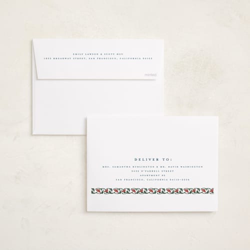This is a blue jay holiday photo cards with standard by Teju Reval called festive block print printing on recycled smooth signature in standard