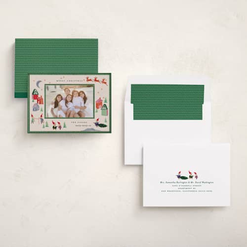 This is a evergreen holiday photo cards with standard by Julie Murray called north pole party printing on recycled smooth signature in standard