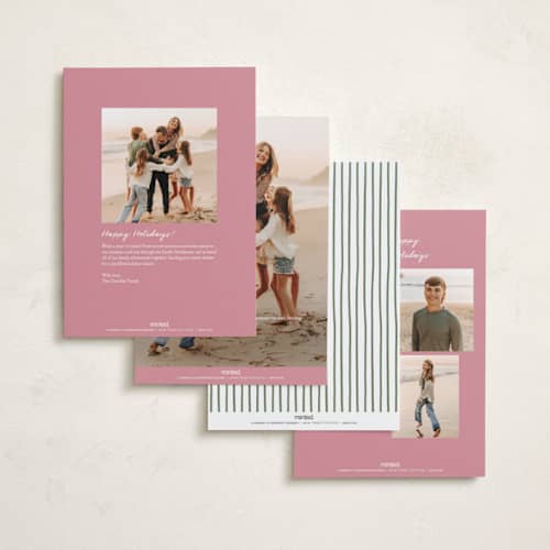 This is a pink sand holiday photo cards with standard by Chris Griffith called holiday wrap printing on recycled smooth signature in standard