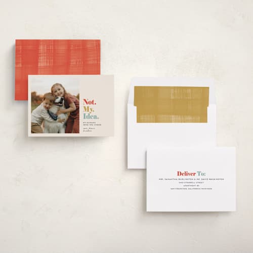This is a maize holiday photo cards with standard by Penny Eversole called not my idea pet card printing on recycled smooth signature in standard