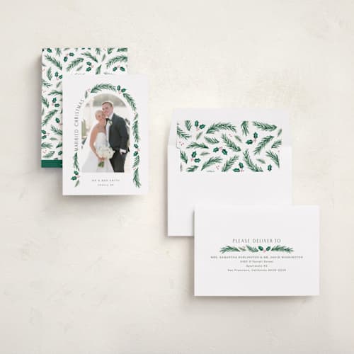 This is a snow holiday photo cards with standard by Hooray Creative called a married christmas printing on recycled smooth signature in standard