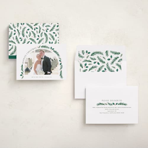 This is a snow holiday photo cards with standard by Hooray Creative called a married christmas printing on recycled smooth signature in standard