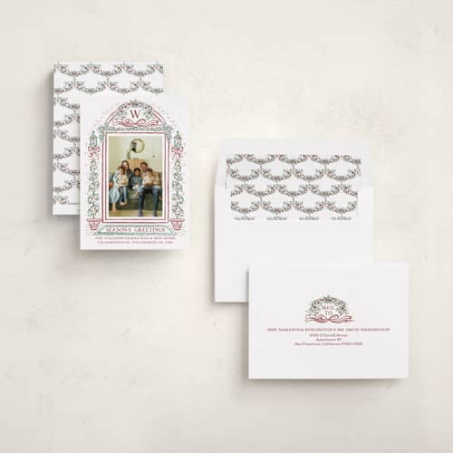This is a brandy wine holiday photo cards with standard by Paper Sun Studio called colonial christmas printing on recycled smooth signature in standard