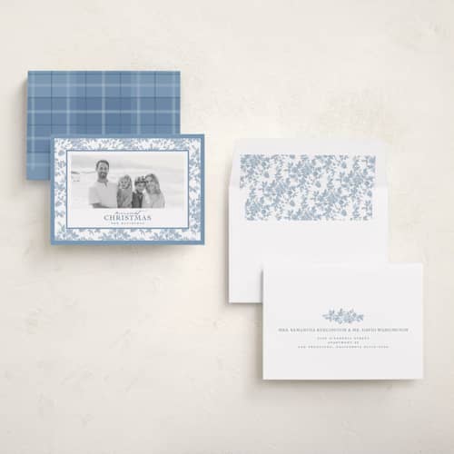 This is a powder holiday photo cards with standard by Jenna Holcomb called merry floral toile printing on recycled smooth signature in standard