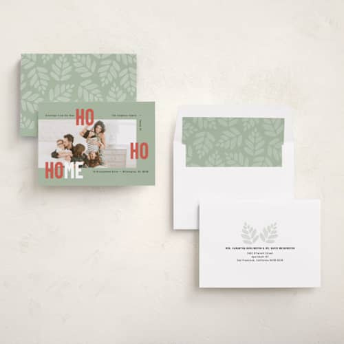 This is a sage holiday photo cards with standard by Mary Kay Garttmeier called new ho ho home printing on recycled smooth signature in standard