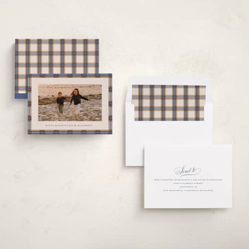 This is a cornflower holiday photo cards with standard by Olivia Kanaley Inman called taffeta tartan printing on recycled smooth signature in standard