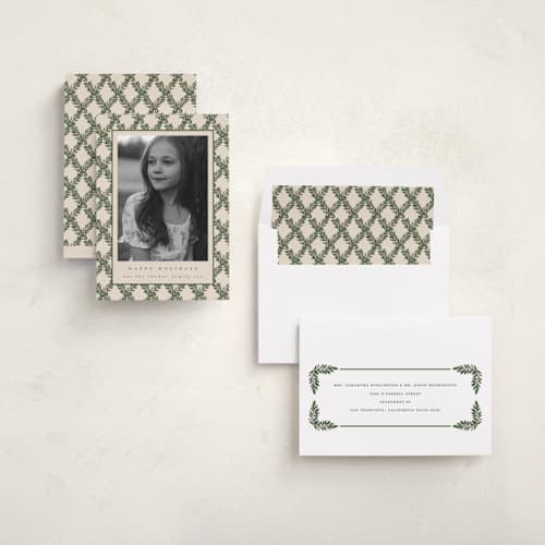 This is a eggnog holiday photo cards with standard by Leah Bisch called holly trellis printing on recycled smooth signature in standard