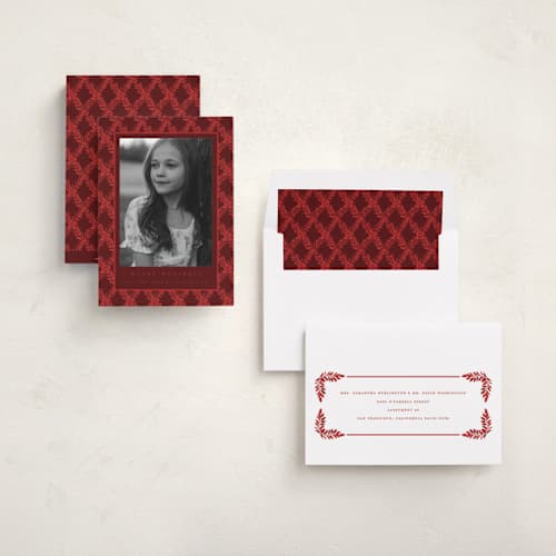 This is a holly berry holiday photo cards with standard by Leah Bisch called holly trellis printing on recycled smooth signature in standard