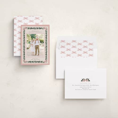 This is a blush holiday photo cards with standard by Itsy Belle Studio called sugarpine printing on recycled smooth signature in standard