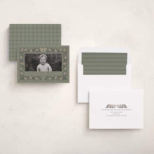 This is a olive holiday photo cards with standard by Kasia Sikorska called embroidered vine printing on recycled smooth signature in standard