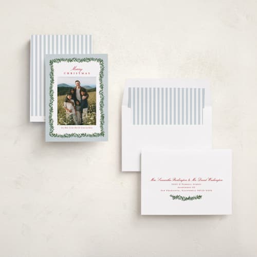 This is a frost holiday photo cards with standard by Amy Kross called spruce edge printing on recycled smooth signature in standard