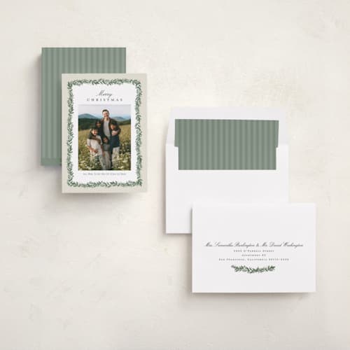 This is a eggnog holiday photo cards with standard by Amy Kross called spruce edge printing on recycled smooth signature in standard