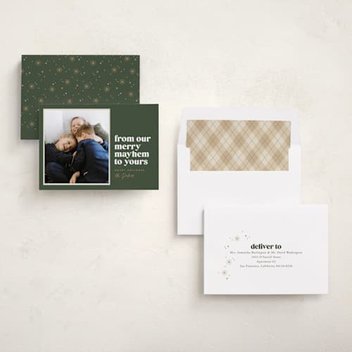 This is a pine holiday photo cards with standard by Robert and Stella called our merry mayhem printing on recycled smooth signature in standard