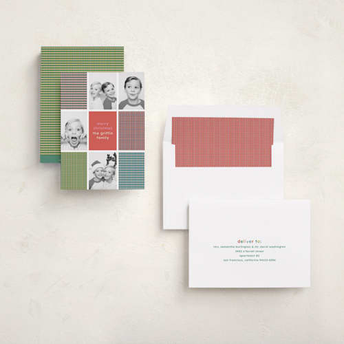 This is a candy holiday photo cards with standard by Kelly Watkins called modern plaid printing on recycled smooth signature in standard