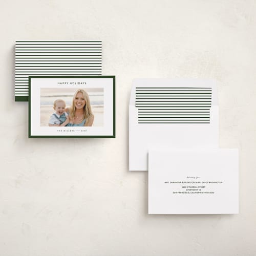 This is a spruce holiday photo cards with standard by JoAnn Jinks called border printing on recycled smooth signature in 5x7