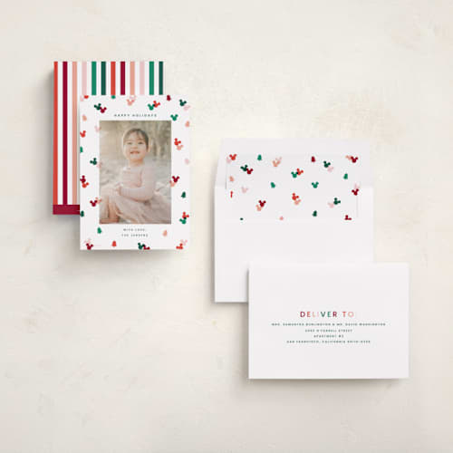 This is a cherry holiday photo cards with standard by Ellen Schlegelmilch called disney's mickey confetti printing on recycled smooth signature in standard