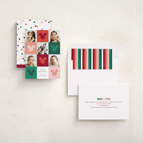 This is a cranberry holiday photo cards with standard by Ellen Schlegelmilch called vibrant disney mickey printing on recycled smooth signature in standard