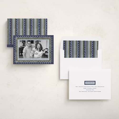 This is a juniper holiday photo cards with standard by Amy Kross called primary printing on recycled smooth signature in standard