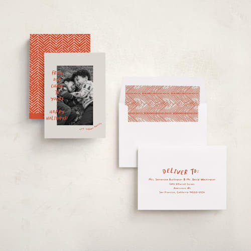 This is a crimson holiday photo cards with standard by Vera Lim called happy chaos printing on recycled smooth signature in standard