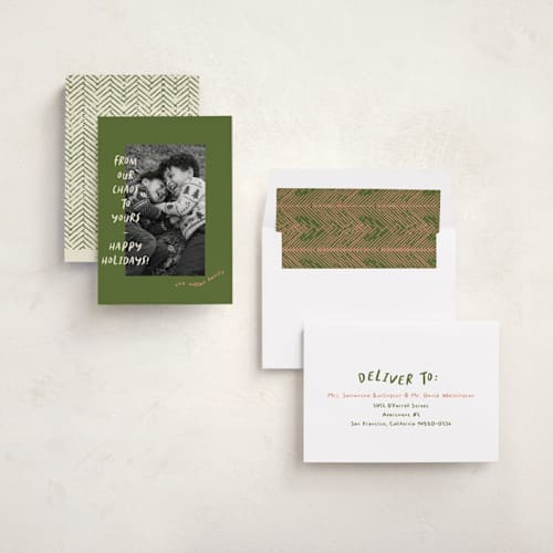 This is a sagewood holiday photo cards with standard by Vera Lim called happy chaos printing on recycled smooth signature in standard