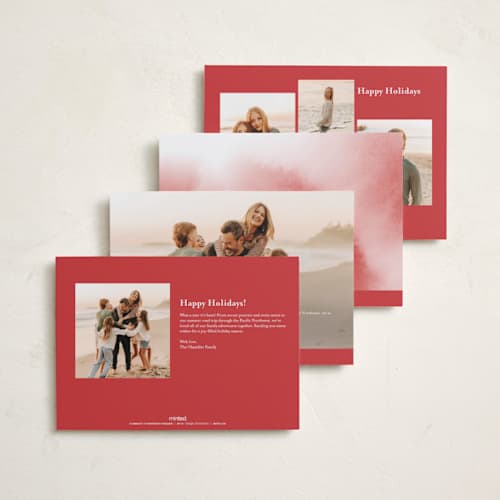 This is a rouge holiday photo cards with standard by Becky Nimoy called merry hand lettered script printing on recycled smooth signature in standard
