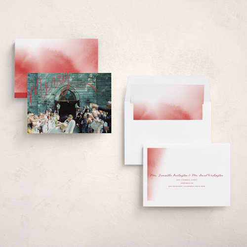 This is a rouge holiday photo cards with standard by Becky Nimoy called merry hand lettered script printing on recycled smooth signature in standard