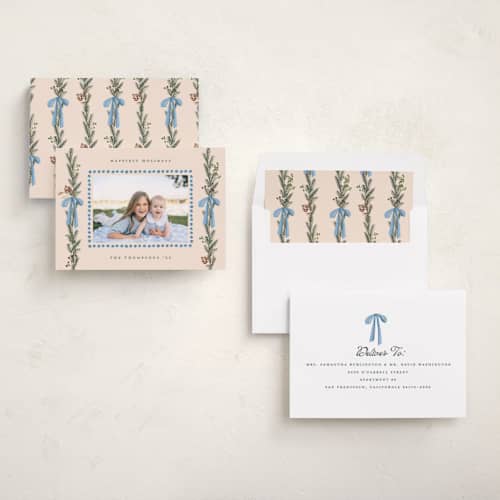 This is a halo holiday photo cards with standard by Teju Reval called festive sprigs printing on recycled smooth signature in standard