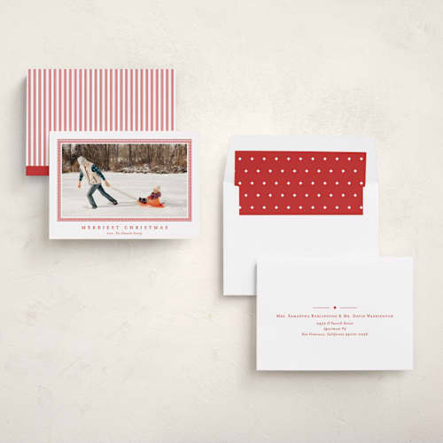 This is a cherry holiday photo cards with standard by Carolyn MacLaren called tailored chic frame printing on recycled smooth signature in standard